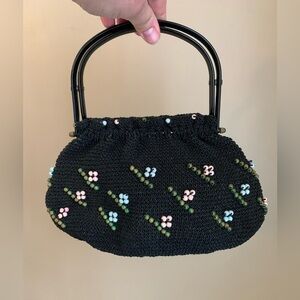 Vintage Retro Knitted Beaded Top Handle Handbag Western Boho purse bag